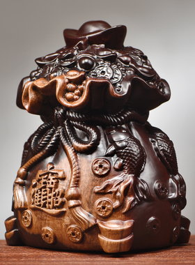 木雕福袋摆件实木乾坤袋子聚宝盆