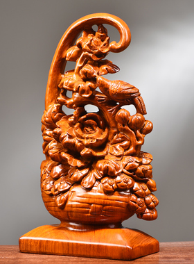 花梨木雕一篮富贵花篮摆件实木