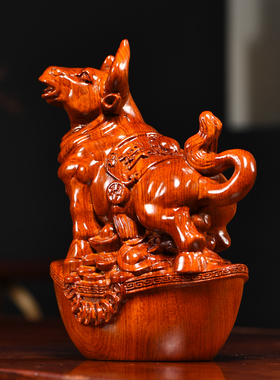 花梨木雕牛气冲天摆件实木生肖
