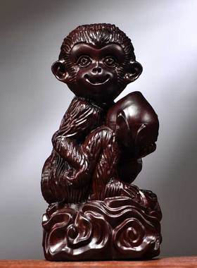 黑檀木雕猴子摆件三合实木生肖