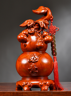 花梨木雕福禄如意葫芦摆件实木