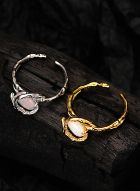 ears复古小众轻奢S925纯银手工缠绕欧泊石戒指女开口包裹澳宝指环