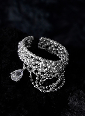 ears小众个性高级S925纯银镂空豆豆链条戒指女ins开口镶钻食指戒