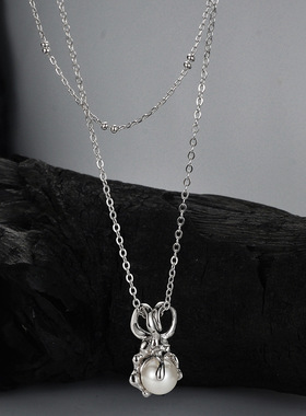 ears韩版小清晰个性S925纯银不规则异形纹理项链女短款贝珠锁骨链