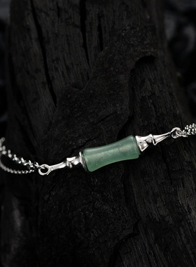 ears中式绿东陵玉石手链女生小众S925纯银中国风竹节学生气质手饰