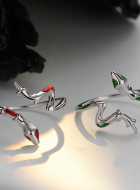 ears韩版小众设计师款S925纯银竹节蛇戒指女开口甜酷风彩蛇指环