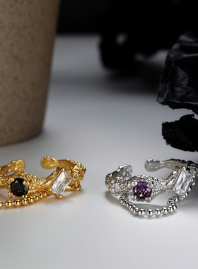 ears原创中古镶钻纹理链条戒指女韩版小众设计师S925纯银宝石手饰