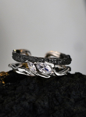 ears潮流S925纯银不掉色锆石戒指指环肌理食指戒双色戒指男女饰品