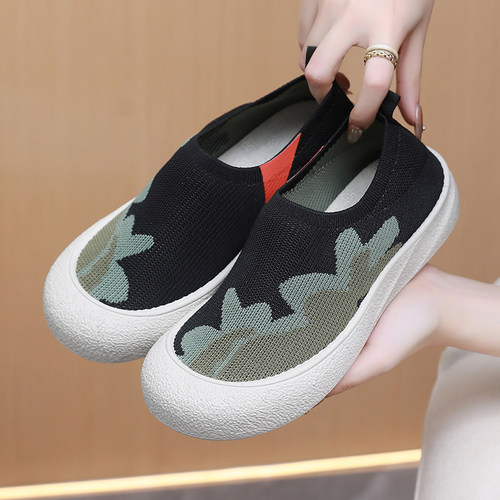 夏季新款透气网面飞织女鞋轻便透气防滑耐磨时尚百搭懒人鞋妈妈鞋 - 图0