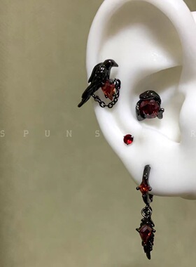 秦彻同款耳钉纯银乌鸦耳钉ins小众高级感甜酷暗黑情侣耳饰送女友