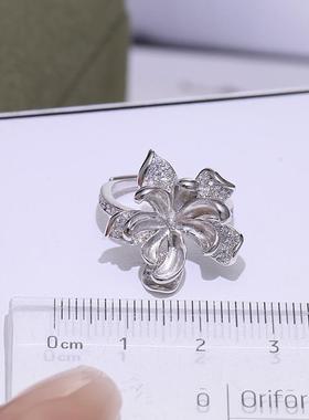 DIY配件新款莲花珍珠藏银戒指空托时尚优雅气质开口指环空托配饰