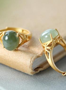 天然仿和田玉鸽子蛋面纯银戒指女 轻奢高级感碧玉包金玉石绿宝石