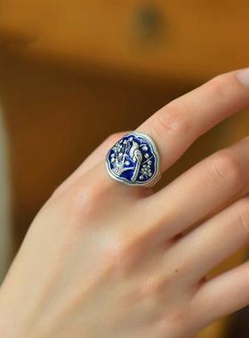 覆古烧蓝喜上眉梢鸟语花香戒指彷纯银民族风国潮文艺范活口指环女