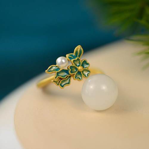 S925纯银镶嵌天然和田玉珍珠指环故宫古法金珐琅精致古典优雅戒指 - 图2