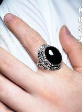 复古做旧黑色曜石仿纯银戒指男锦鲤国潮霸气泰银双鱼开口调节指环