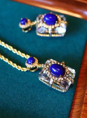 原创设计气质仿天然青金石白水晶方形吊坠女镀金新款项链毛衣链子