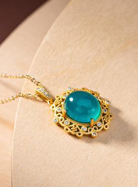 天河石吊坠S925纯银蕾丝镶嵌鎏金项链冰种原石蓝色水晶小众淑女风