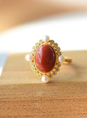 S925纯银戒指镶嵌天然青金石宝石珍珠复古女士百搭开口可调节指环