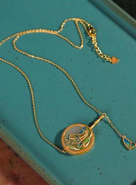 925银镀古法金镶嵌和田玉烧蓝蝴蝶兰草圆扇吊坠项链