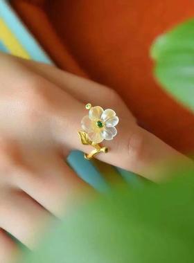 梨花雨凉古法金工艺银鎏金镶嵌白水晶小清新复古韵莱茵石古风戒指