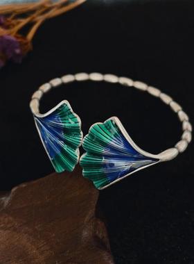 s925纯银珐琅民族风银杏叶手镯女时尚开口叶子手环文艺简约银镯子