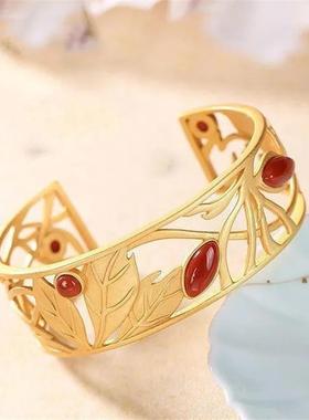 平安扣保平安南红玉复古中式宫廷风女高档工艺精致银饰S925手镯