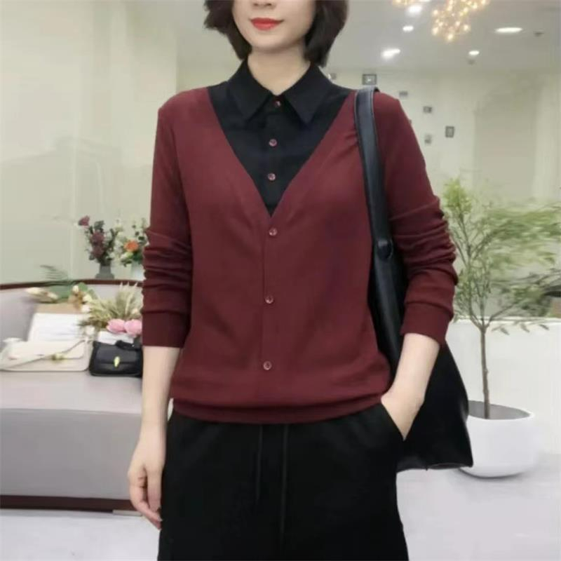 螺纹德绒妈妈装polo领假两件t恤女打底衫时尚长袖气质大码女卫衣,淘宝优惠券,粉丝福利购,淘宝优惠卷