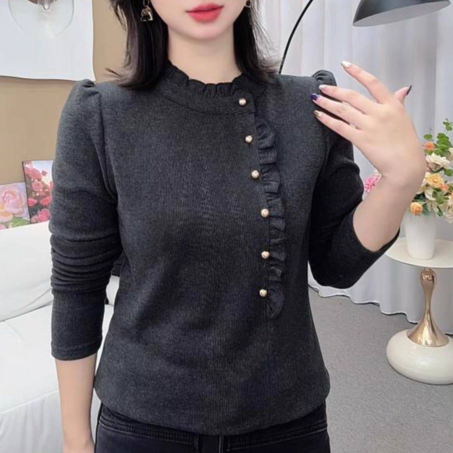 秋冬新款时尚大码女装长袖遮肚中老年妈妈装半高领纽扣木耳领上衣,淘宝优惠券,粉丝福利购,淘宝优惠卷