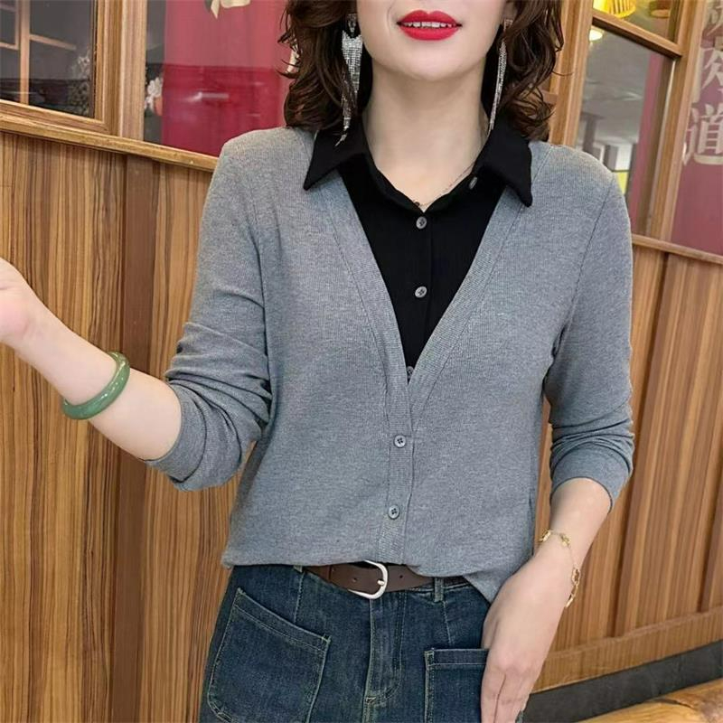 螺纹德绒妈妈装polo领假两件t恤女打底衫时尚长袖气质大码女卫衣,淘宝优惠券,粉丝福利购,淘宝优惠卷