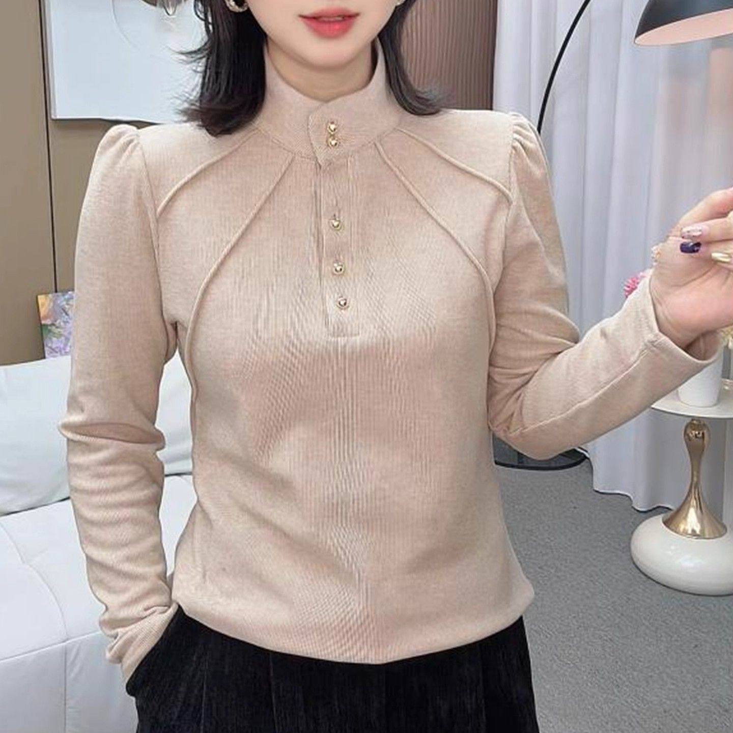 秋冬新款时尚大码女装长袖遮肚中老年妈妈装半高领纽扣拼接上衣女,淘宝优惠券,粉丝福利购,淘宝优惠卷