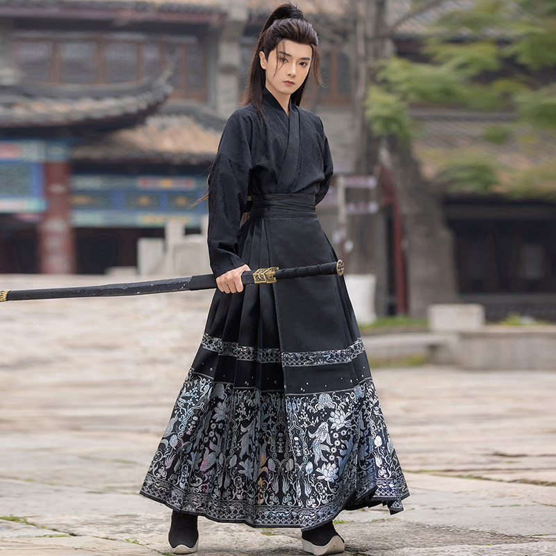 雪莲乐【锦鱼池】原创螺钿马面裙套装明制汉服男新中式男装黑色夏,淘宝优惠券,粉丝福利购,淘宝优惠卷