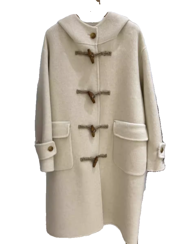 韩国2025年新款长毛牛角扣双面羊毛大衣女中长款宽松连帽呢子外套 - 图2