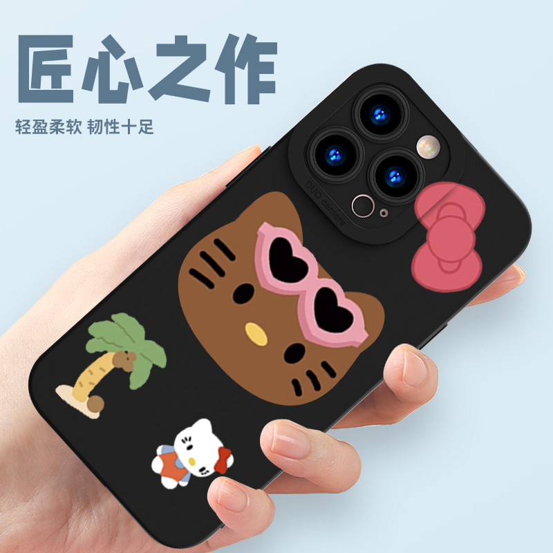 苹果15helloKitty手机壳hello黑皮iPhone14可爱13promax卡通kitty猫12周边11哈喽kt猫8plus适用i7凯蒂x女xr套 - 图0