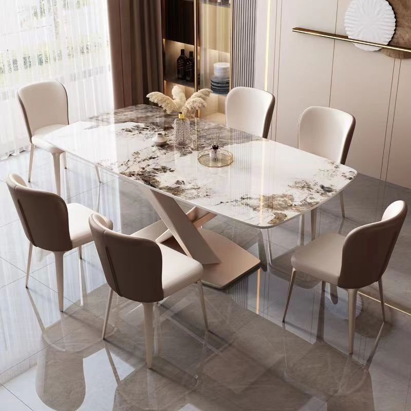 意式亮光岩板餐桌椅组合家用小户型现代简约轻奢长方形饭桌西餐桌