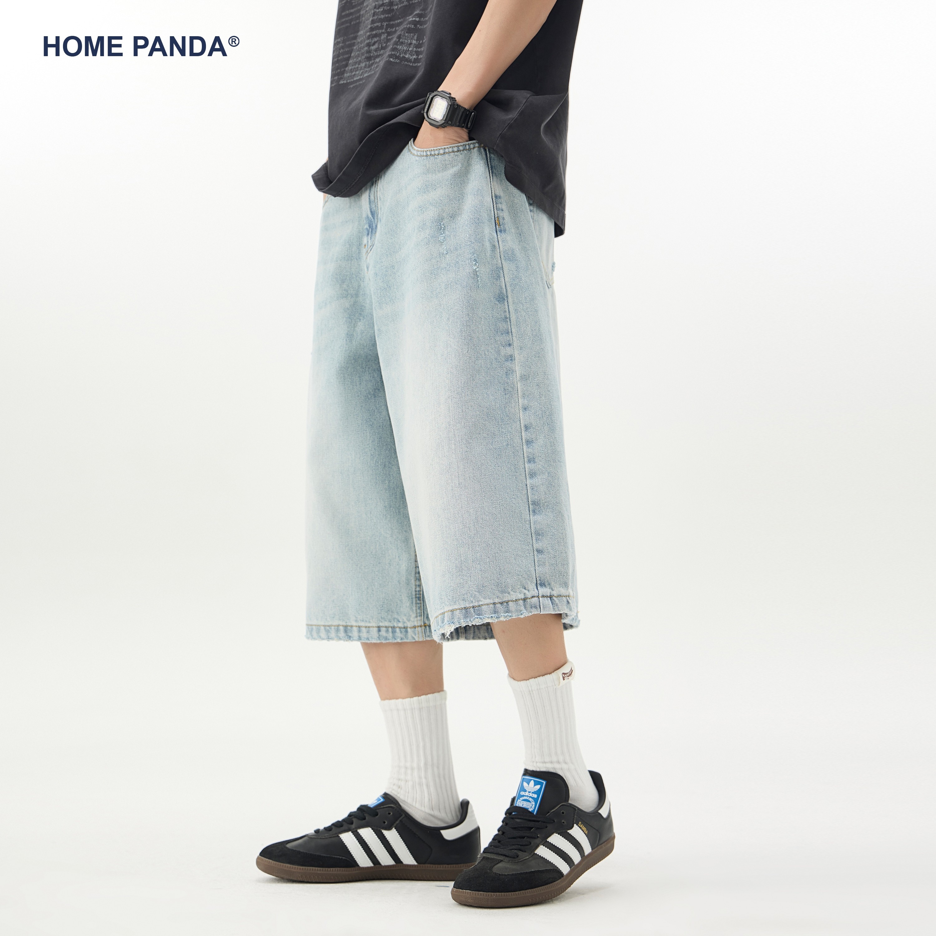 HomePanda浅蓝色牛仔短裤男夏季美式复古vibe休闲七分宽松直筒裤,淘宝优惠券,粉丝福利购,淘宝优惠卷