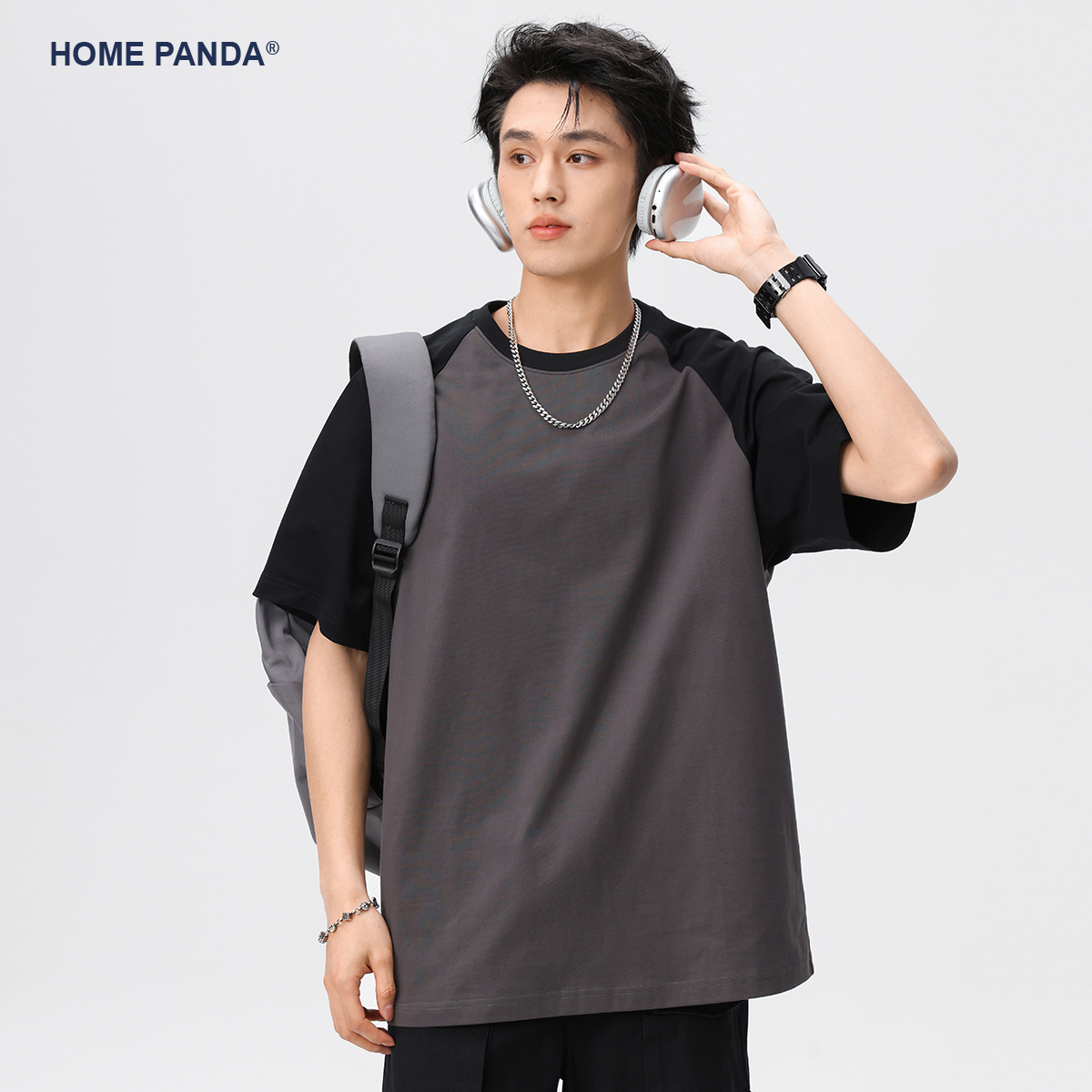 HomePanda重磅插肩袖短袖t恤男夏季2024新款纯棉美式圆领半袖上衣-图1
