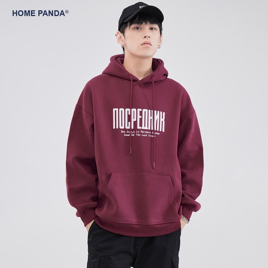 HomePanda重磅连帽美式卫衣男春秋款灰色套头长袖印花宽松上衣潮