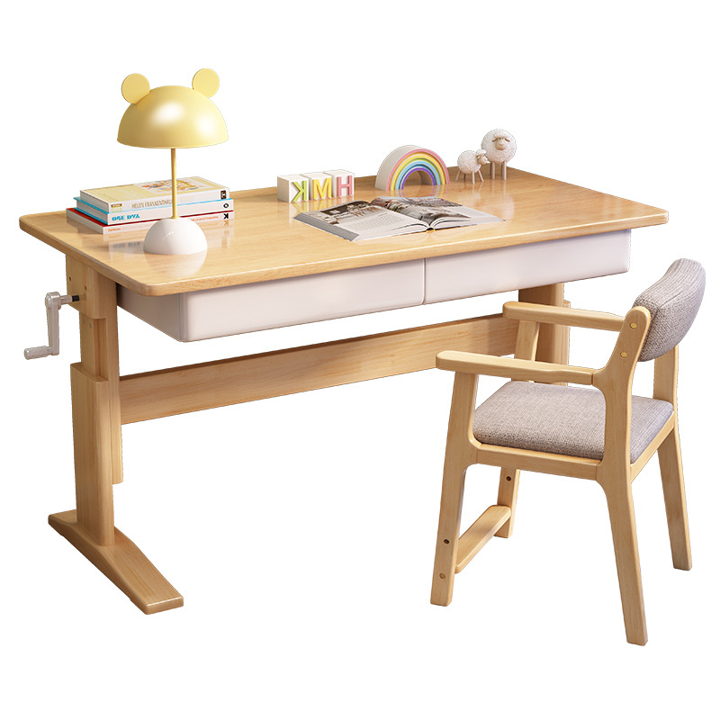 儿童书桌实木学习桌简约现代手摇升降写字桌家用小学生课桌椅原木 - 图3