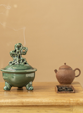 中式复古太湖石盘香炉陶瓷摆件