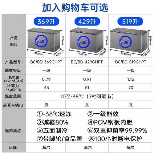 海尔冰柜商用大容量519卧式单温冷藏冷冻柜369升家用无霜速冻冷柜-图0