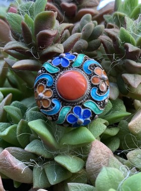 创汇时期老北京花丝镶嵌厂s925纯手工银花丝烧蓝镶嵌红宝石戒指