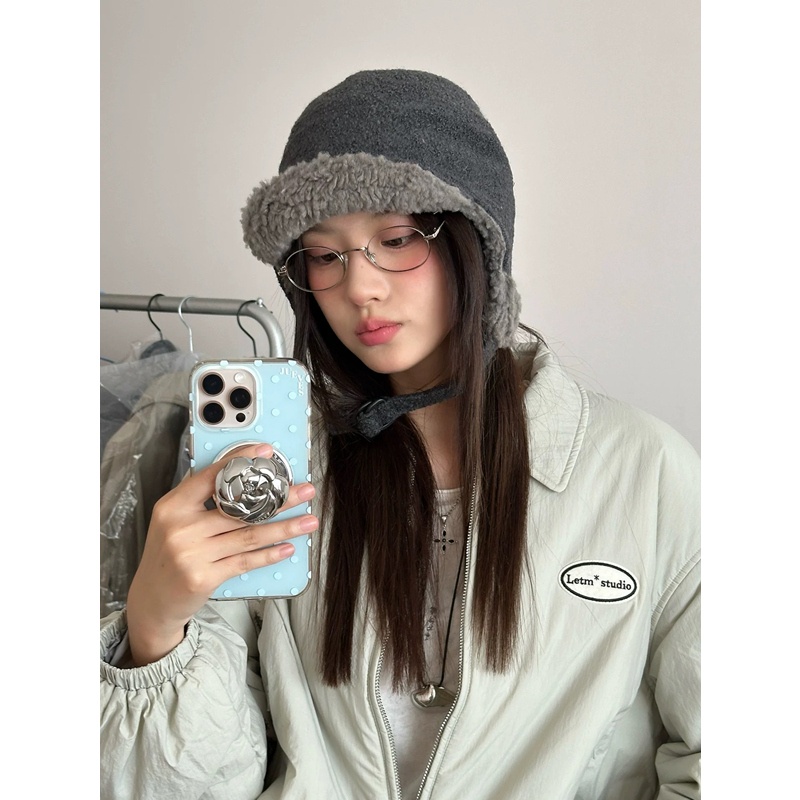 韩版羊羔绒飞行帽子女双面戴格纹护耳帽秋冬加厚保暖防寒雷锋帽男 - 图1