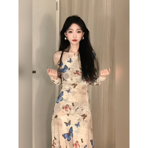 Retro Design Sensation Small CrowdButterfly Printed Sloped Shoulder Irregular Downswing Mesh Veil Dress Woman Card Its Color Long Skirt Tide