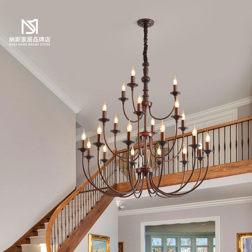 法式中古风楼梯吊灯客厅餐厅卧室美式复古高端别墅实木侘寂风灯具 - 图0