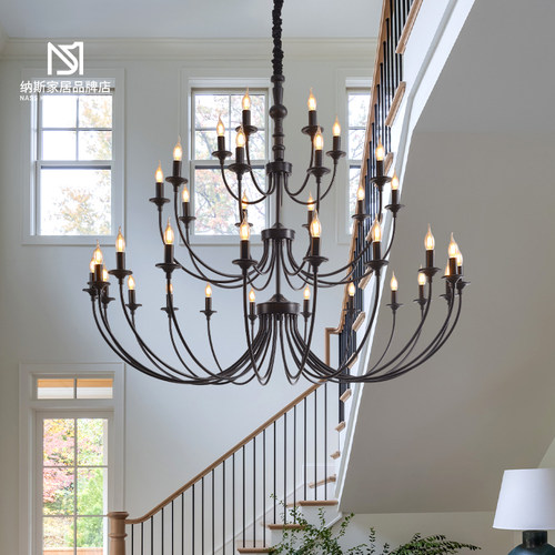 法式中古风楼梯吊灯客厅餐厅卧室美式复古高端别墅实木侘寂风灯具 - 图2