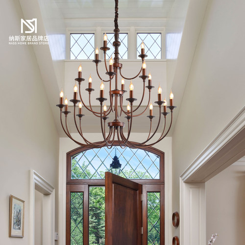 法式中古风楼梯吊灯客厅餐厅卧室美式复古高端别墅实木侘寂风灯具 - 图1