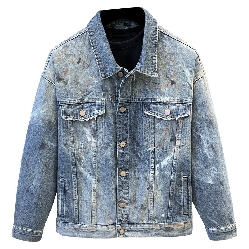 泼墨油漆脏脏复古水洗痞帅潮牌牛仔外套男士春秋宽松工装美式夹克,淘宝优惠券,粉丝福利购,淘宝优惠卷