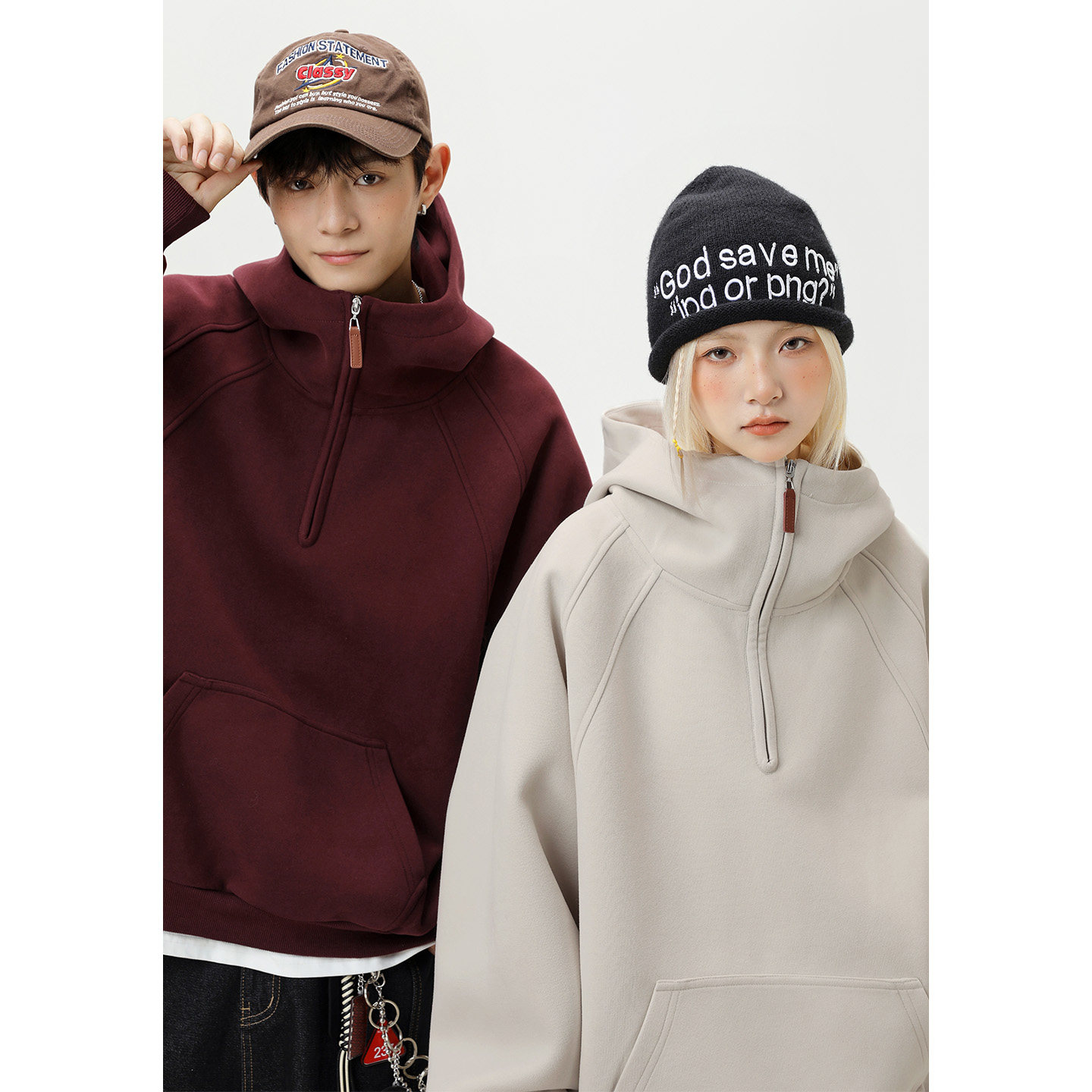 OFF-UP 重磅半拉链连帽卫衣情侣款立体裁剪拼接纯色休闲上衣 - 图1