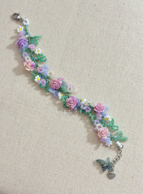 「秘密花园」瀑布蔷薇原创 手作小众琉璃紫色玫瑰花串珠手链礼物