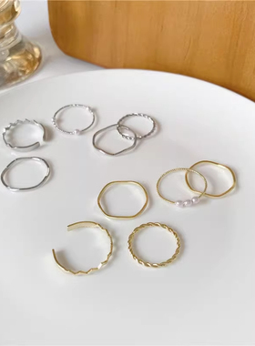戒指女日韩简约ins珍珠波浪形组合戒指五件套个性指环网红尾戒